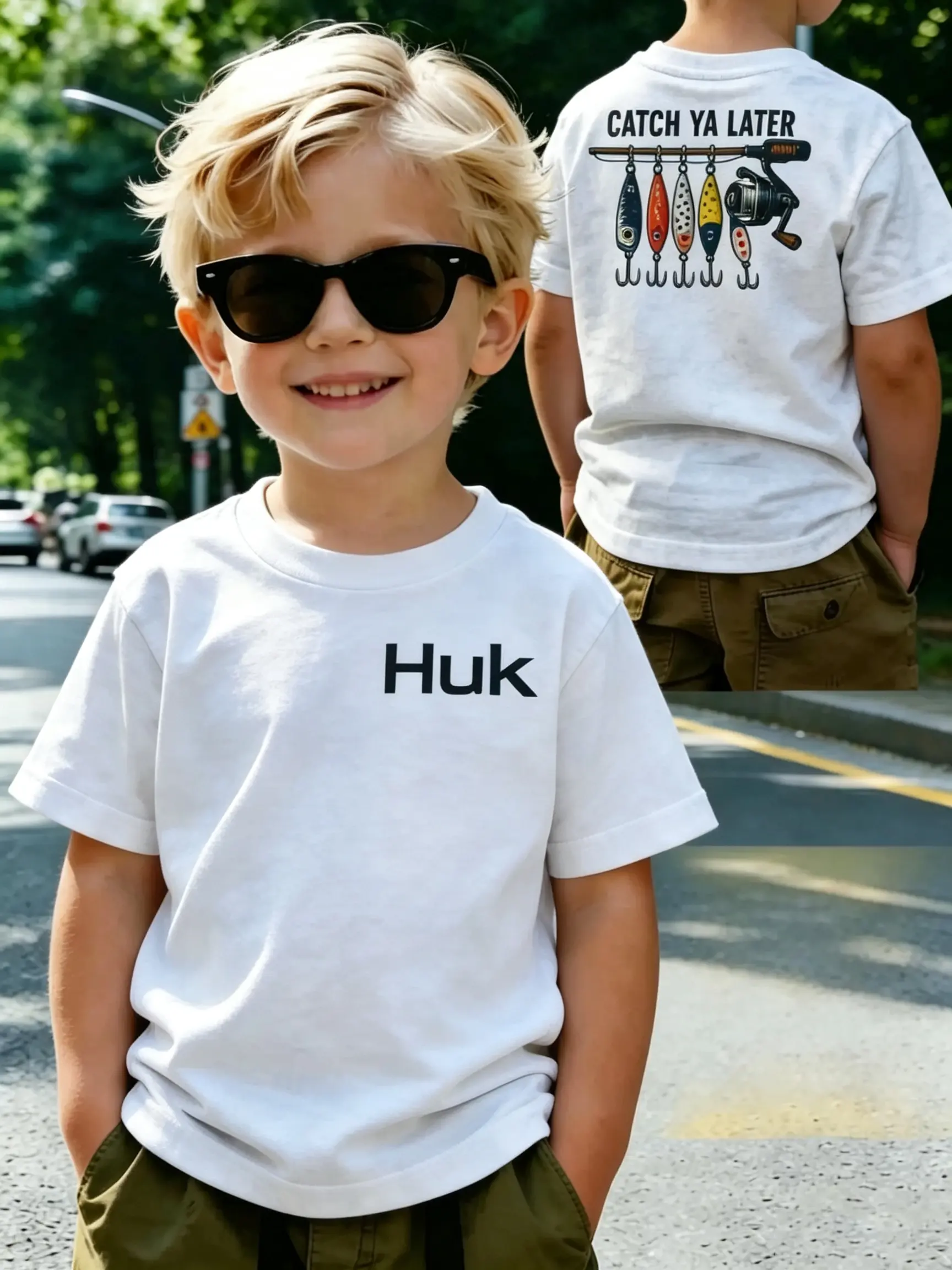 Huk Fishing Theme  T-Shirt, Catch Ya Later Fun Cartoon Print, Boys Outdoor Casual Fashion Short Sleeve, Graphic Printed Tees, Cool Graphic Tee, Funny Shirt, Short Sleeve Tee, Kids Tee, Graphic Top Tee