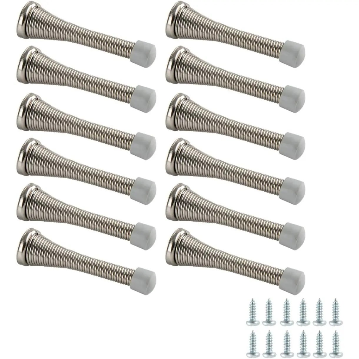 Spring Door Stopper, Brushed Nickel, with Rubber Bumper Tips, 12-Pack