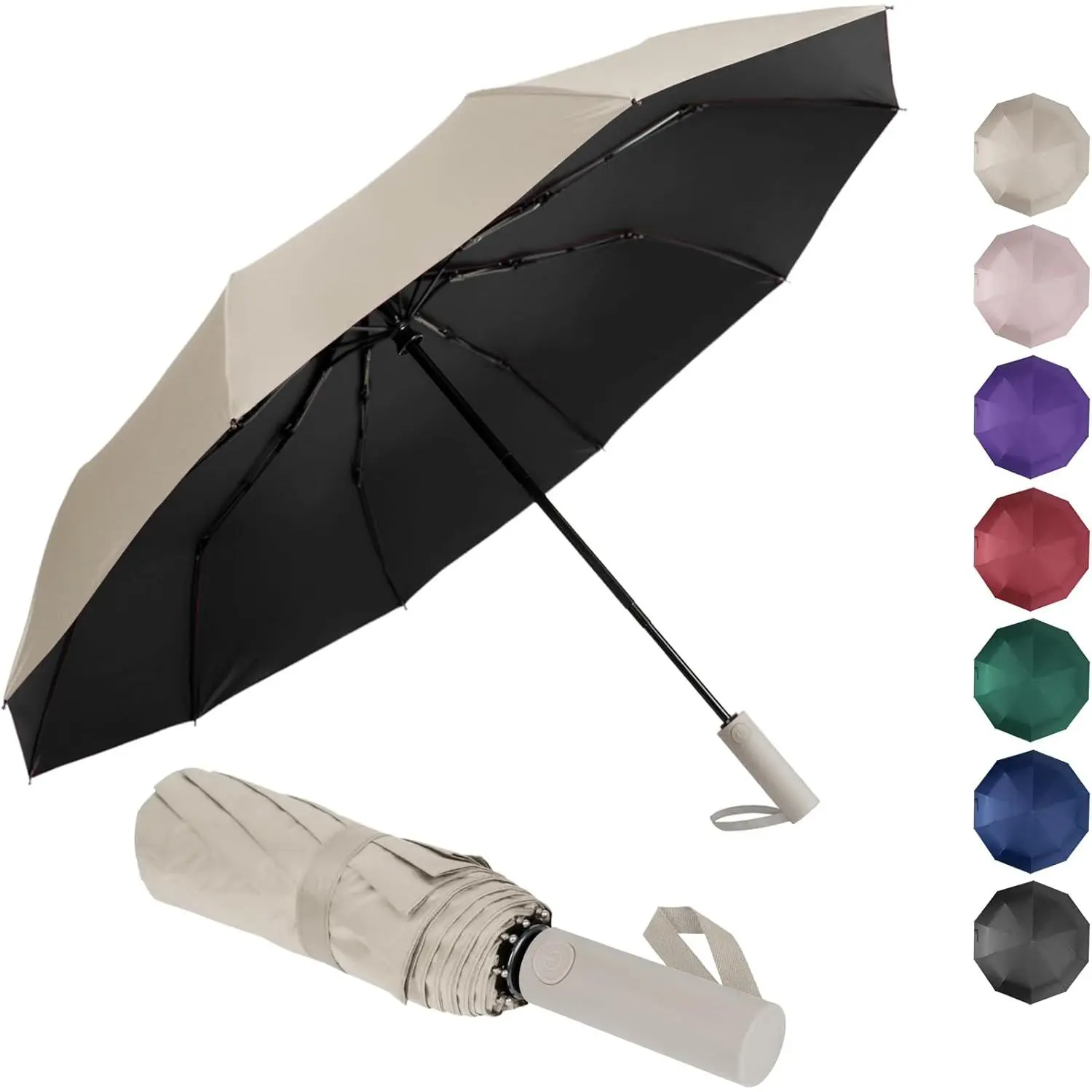 Synthetic Durable Travel Umbrella, Compact Portable Folding Design, Windproof Lightweight 10-Rib UPF50+ with Automatic Open-Close for Rain & UV Protection (For Men & Women)