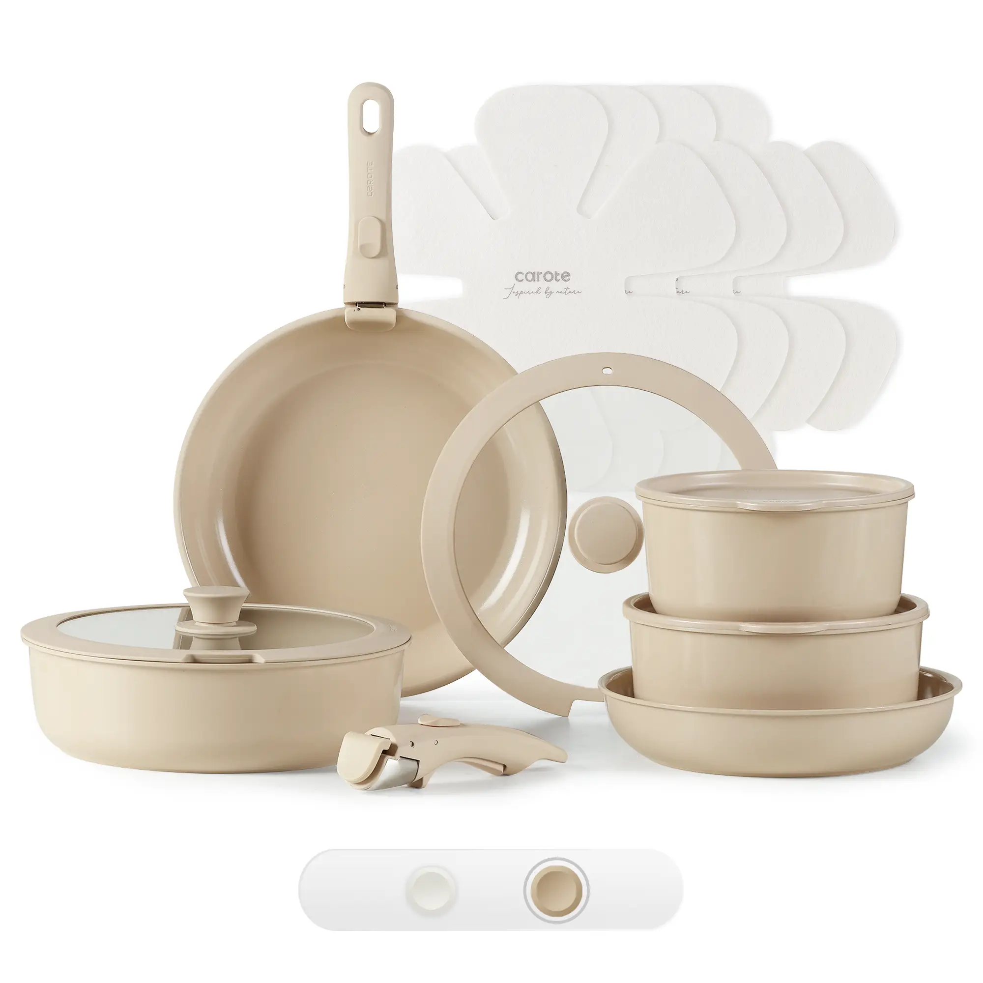 [Official] CAROTE 12/15pcs Pots and Pans Set, Ceramic Cookware Set Detachable Handle,Taupe/ Cream White Induction Kitchen Cookware Sets, Dishwasher Sa