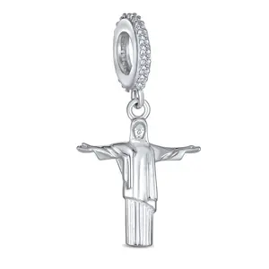 .925 Sterling Silver Brazil Christo Redentor Jesus Christ Dangle Vacation Charm Bead