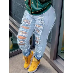 Blue high-waisted tight jeans, super ripped high-stretch street-style jeans, women’s jeans and clothing