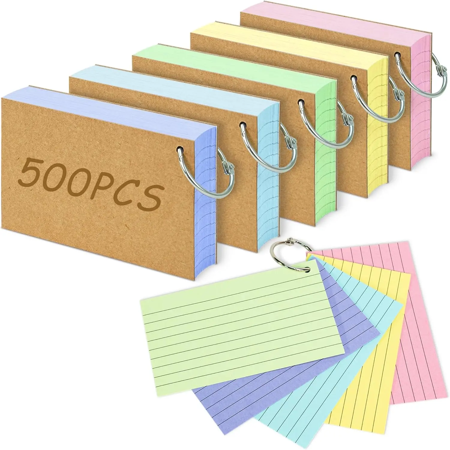500PCS Colored Index Cards Lined on Both Side Notecards Flash Cards with Ring 3x5 Inches for Studying, Learning, School