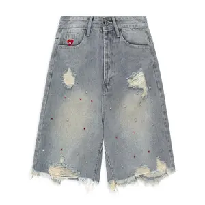 Rhinestone Application Jort Casual Denim Shorts Wide Leg Jeans Streetwear 2025 Trendy Bottoms1