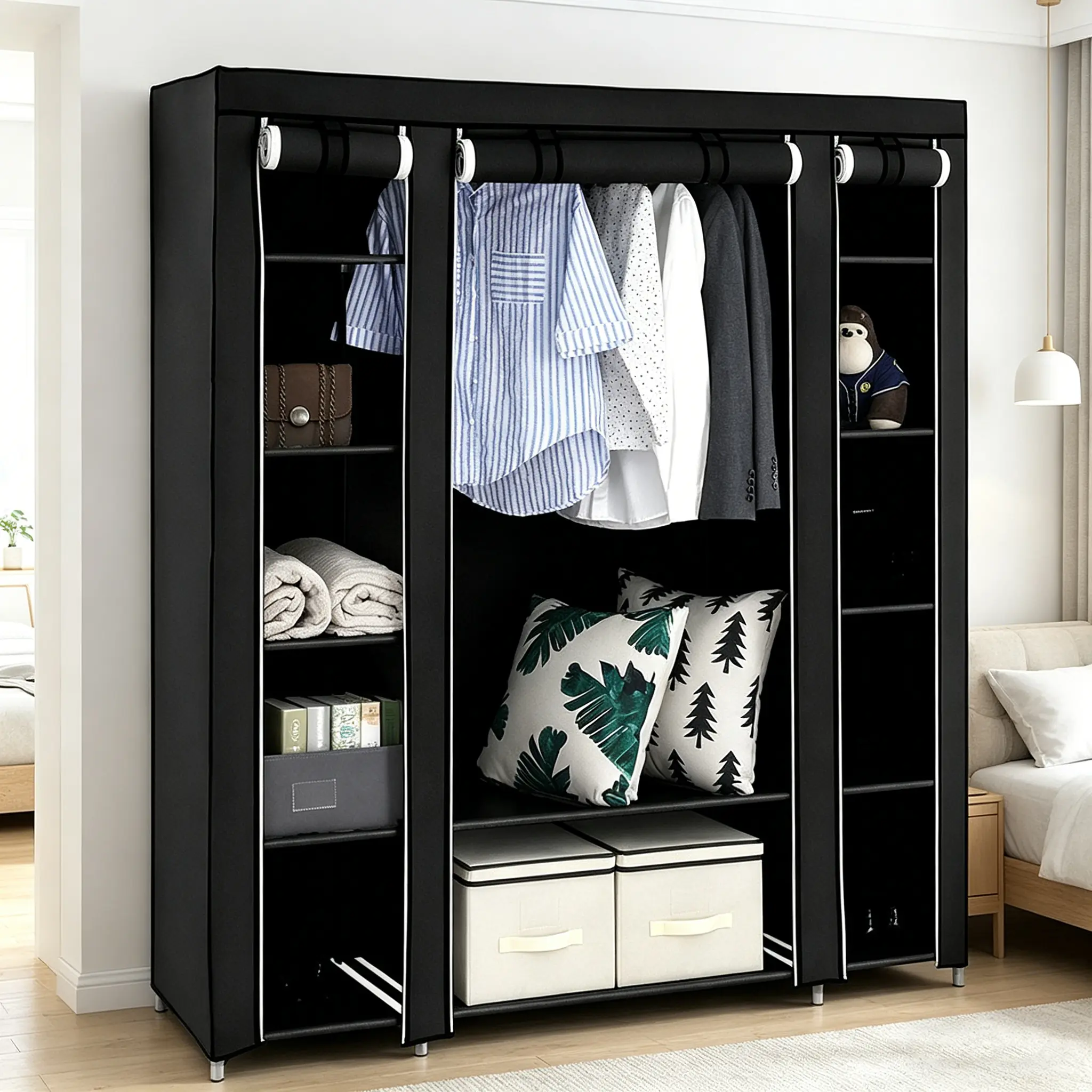 Black 69 Inch Non-Woven Fabric Portable Wardrobe, Sturdy Durable Clothes Storage Organizer Easy Assembly for Home Bedroom