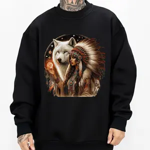 Indian Native American Woman with White Wolf Vintage Gifts Unisex Hoodie Loose Fit Medium Cotton Blend True to Size for Men Women S-5XL