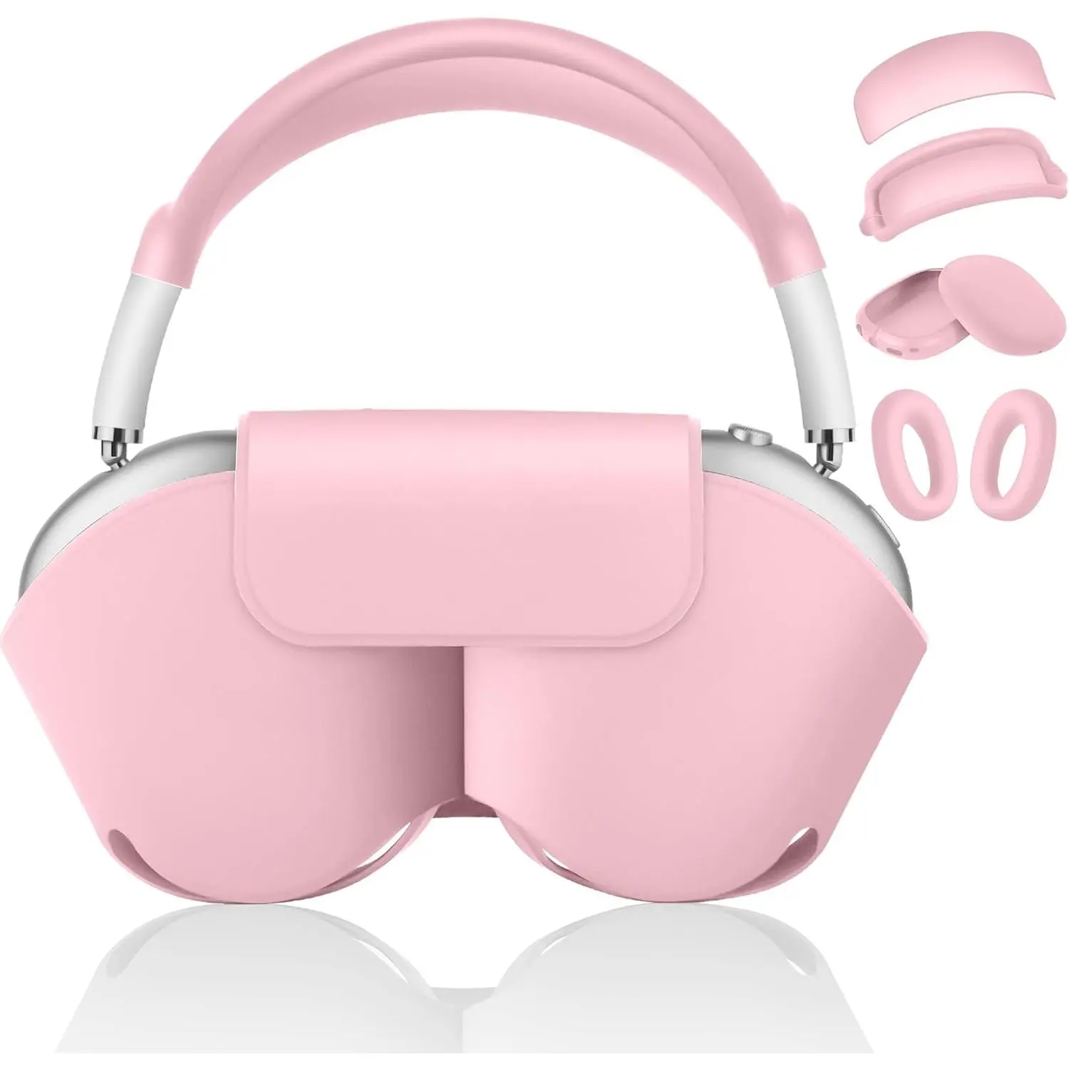 [5 in 1] Compatible with Airpods Max 2/1 Smart Case Cover, Sleep Mode Compatible, for Apple AirPod Max Headphones Case Soft Leather & Silicone Four-Piece Set Protective Accessories Portable, Pink