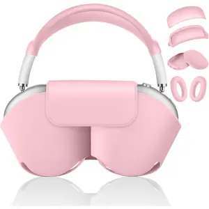 [5 in 1] Compatible with Airpods Max 2/1 Smart Case Cover, Sleep Mode Compatible, for Apple AirPod Max Headphones Case Soft Leather & Silicone Four-Piece Set Protective Accessories Portable, Pink