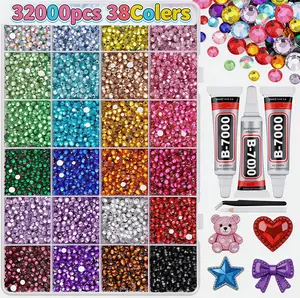 32000Pcs Resin Rhinestones for Bedazzling, Silver Clear Flatback Gems for Diamond Art, Crystal Bedazzler Kit with 3Pcs 10ml B7000 Jewelry Glue for Nail Art Crafting Clothing Book Makeup