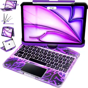 NAIDUN Latest 360 Swivel Keyboard with Y2K Style Transparent Purple Case for iPad Tablet Accessories Backlit Keys Scissor Mechanism Quiet Responsive Typing