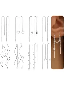 8 Pairs Elegant Unisex Silvery Ear Threader Pack for Women Men Premium Stainless Steel Lightweight Texture Relaxing All-day Fit for Long-time Daily Wear Graceful Long Extended Chain Forms Varied Trendy Shapes Different Daily Dressing Collocations