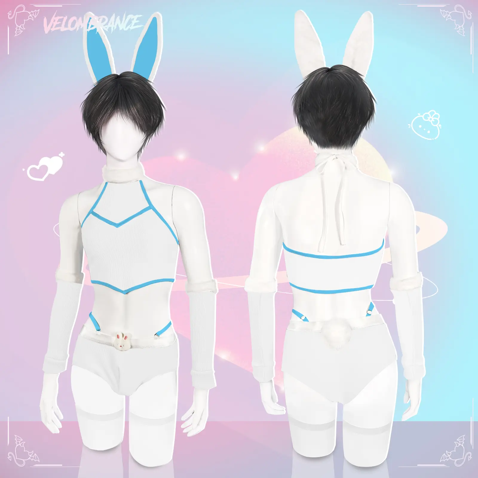 KORURACLUB Men's Cosplay Costume, Fancy Fitted Knitwear Set with Cute Bunny Ear Headpiece and Matching Top, Cute Ear Headpiece, Bold Bunny Detail, No