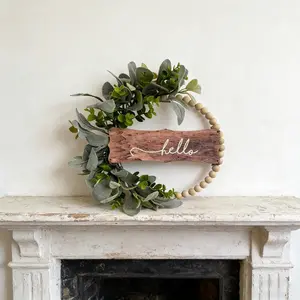 Modern Simple Front Door Wreath with Hello Sign, Wooden Beads Leaves, Spring Summer Home Decor, Wall Hanging Ornament, Ideal for Wedding, Festival & Party