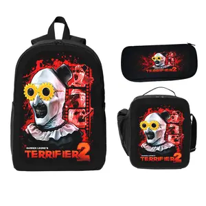 Terrifier Horror Backpack Set Durable Polyester 3 Piece School Bookbag Lunch Bag Pencil Case Lightweight Large Capacity Travel Daypack Back To School Supplies Scary Clown Graphic Bag For Boys Girls Teens Students