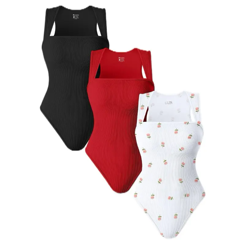 OQQfitness Womenswear 3 Piece Bodysuits Stretchy Underwear Sexy Ribbed Square Neck Sleeveless Stretchy Tank Tops Bodysuits Soft Lady