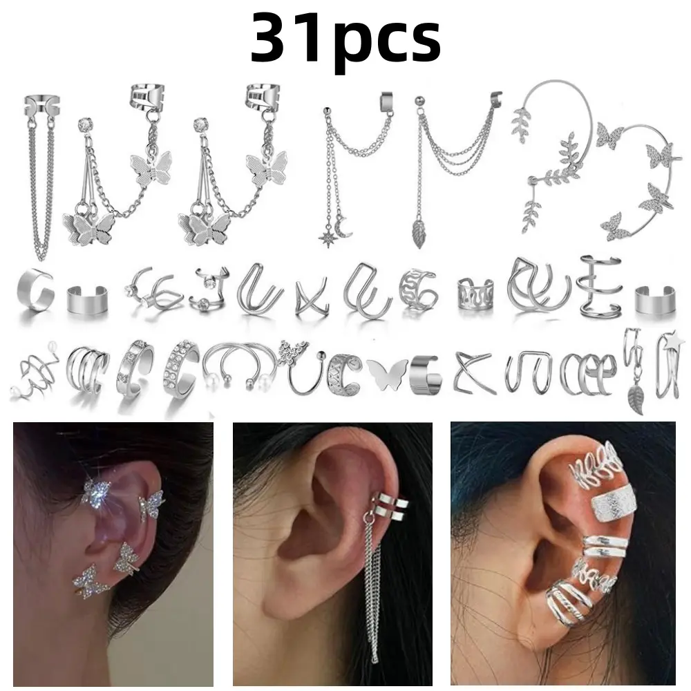 31 pcs Adjustable Cartilage Clip on Earrings Chain Wrap Earrings Helix Cartilage Ear Clip Punk Snake Butterfly Claw Stud Earrings for Women