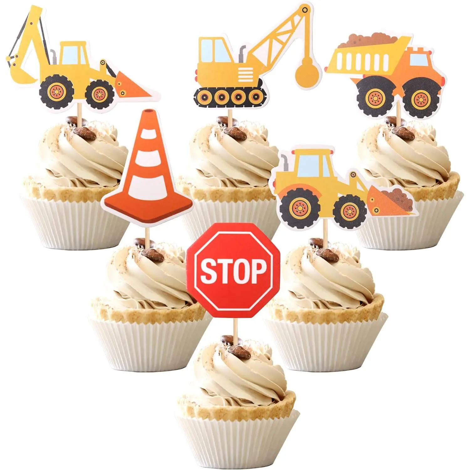 XY-SO05 36 PCS Sturdy Construction Cupcake Toppers - 300g Card Stock, 1.7*4.6 in Stop Sign, Dump Truck, Excavator, Tractor Cake Food Picks - Smooth Decorations for Construction Theme Kids Birthday Party Supplies, 300 Gram Card Stock