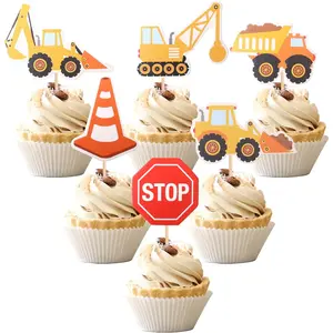 XY-SO05 36 PCS Construction Cupcake Toppers Stop Sign Dump Truck Excavator Tractor Party Cake Food Picks Decorations for Construction Theme Baby Shower Kids Birthday Party Supplies Insert Ornaments