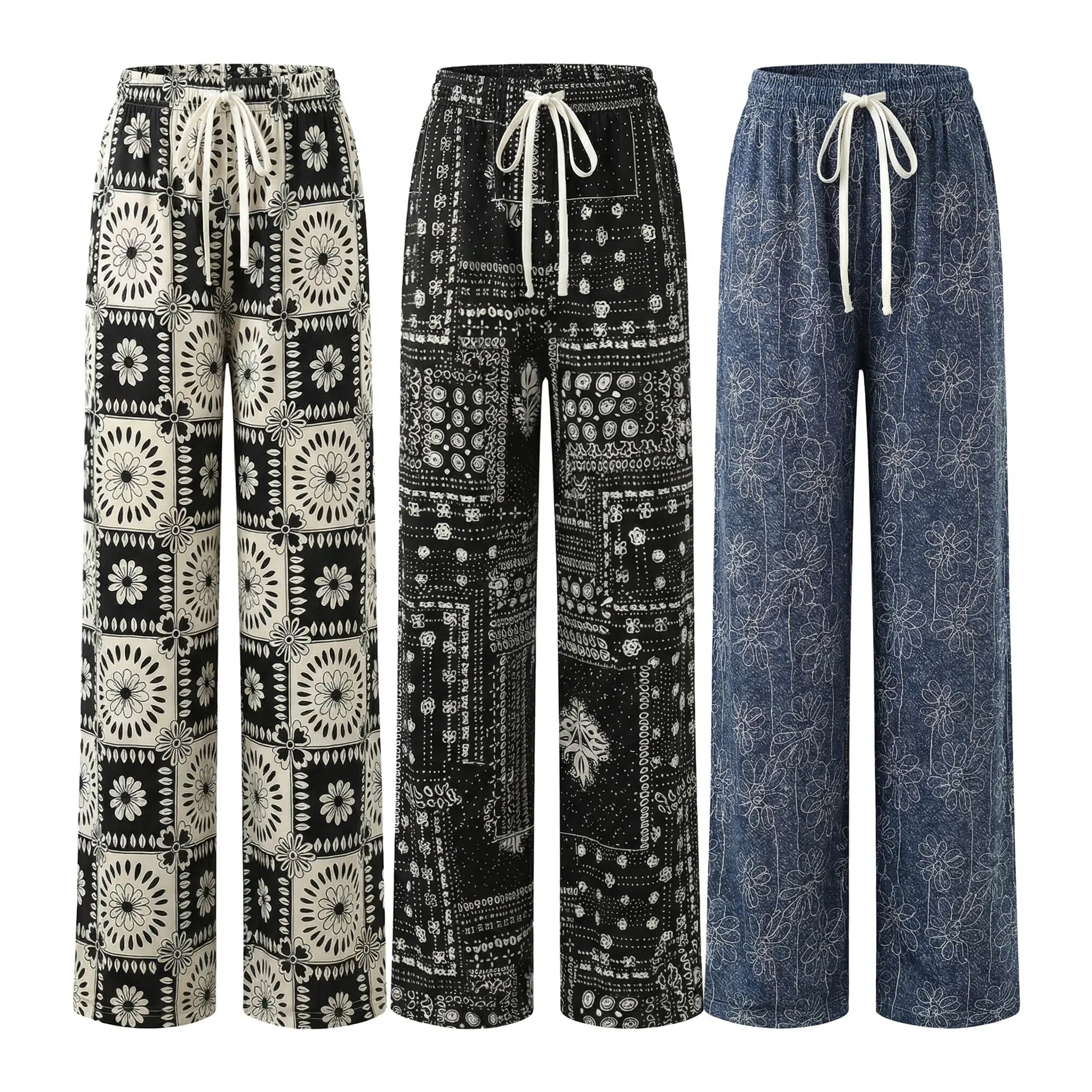Women's 3-Pack Vintage Summer Wide-Leg Modal Sports Bottoms - Bandana, Floral, Geometric Prints, Soft Breathable Fabric, Drawstring Elastic Waist, Pockets, Plus Size, Casual Loungewear for Home, Beach Outings, Everyday Fit Pants for Women, Beach‑To‑Home W