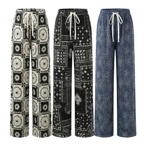 3 Pack Women's Vintage Summer Drawstring Loose Wide-Leg Pants, Bandana, Floral & Geometric Prints, Soft Breathable Loungewear Trousers with Elastic Drawstring Waist, Flowy Full-Length Palazzo Pants Suitable for Daily Outings, Beach, Vacation and Home Wear