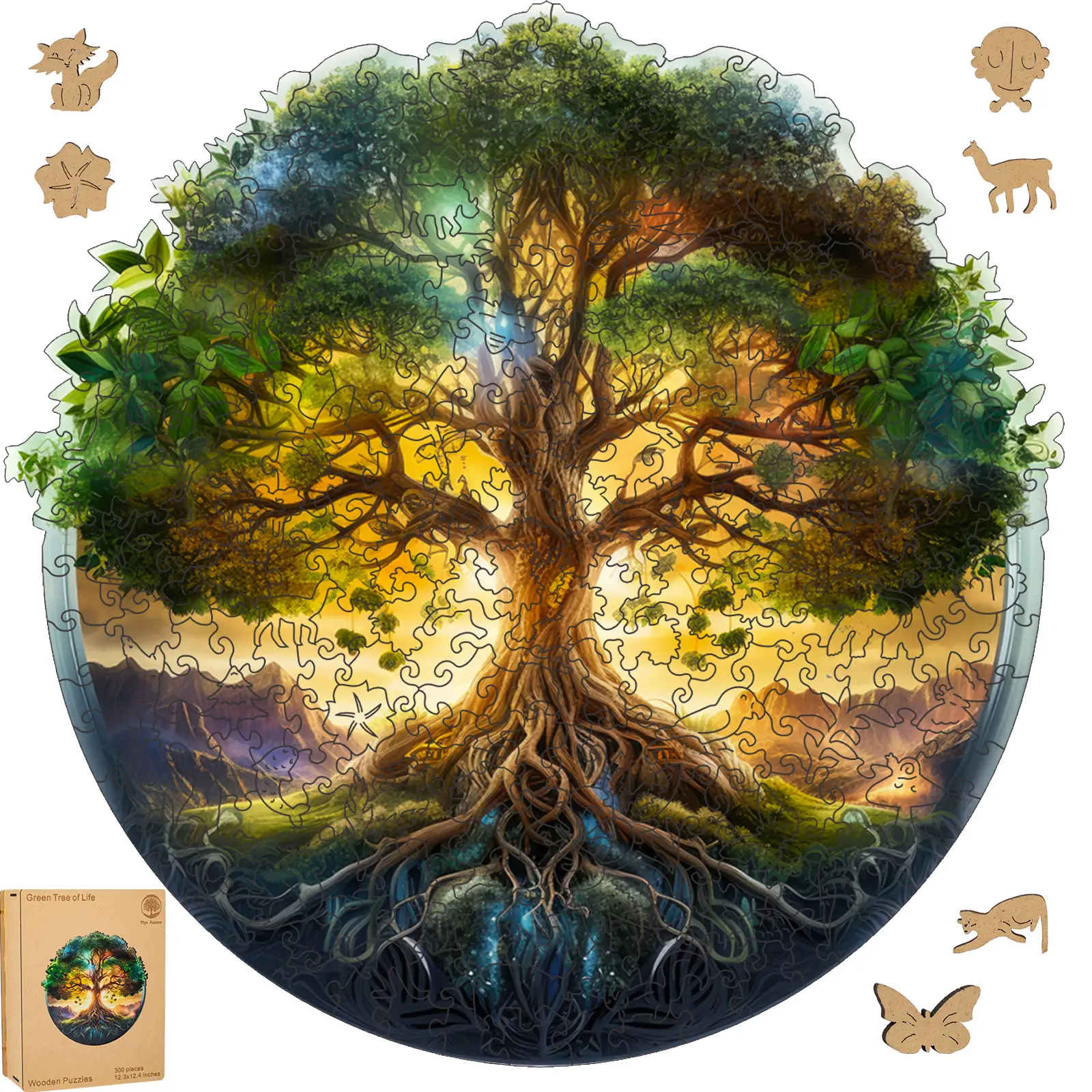 Mys Aurora Wooden Jigsaw Puzzle Green Tree of Life 80 200 300 500 Pcs Unique Shape Wood Box Packing Creative Gift for Adults and Kids Fun Challenging