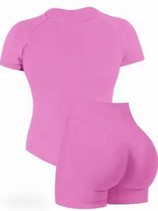 Women's Ribbed Workout Set, Seamless High Waist Biker Shorts, Short Sleeve Top, Athleisure Summer Clothes, Stretchy Breathable for Yoga, Gym & Running, Athleisure Sportswear Set