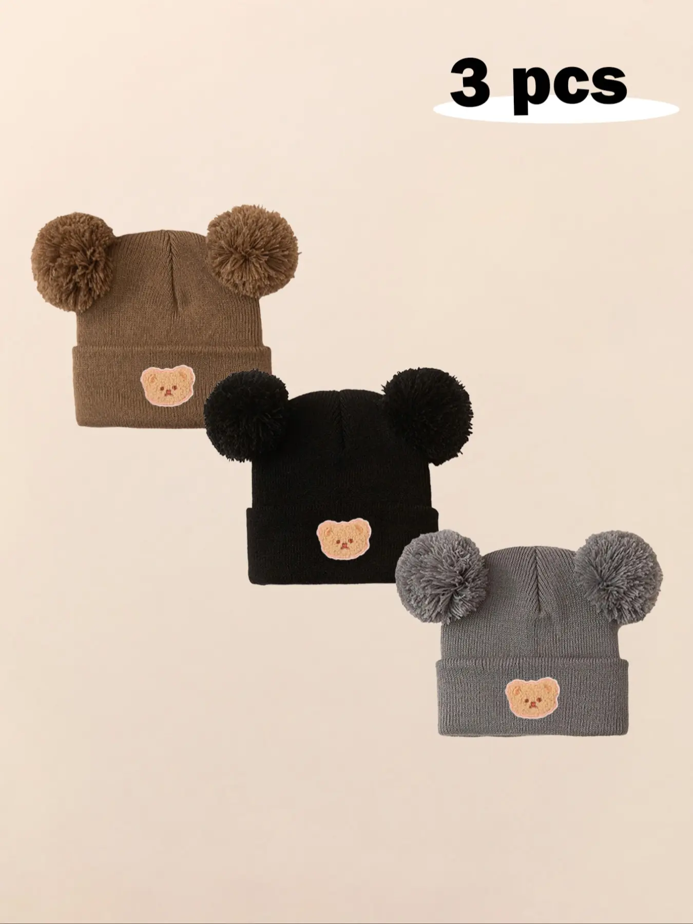 3pcs Baby Girl Newborn Toddler Pom-Pom Bear Beanie Hat, Cozy Knit Winter Warm Heart Cute Hat, Casual Fall & Winter Outdoor Accessories Bonnet, Knitting Beanie Beanies