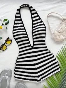 Women's New Fashion Comfortable Versatile Deep V NeckHalter Striped Vest Jumpsuit Shorts Set, Stylish All-Seasonwear, Slightly transparent