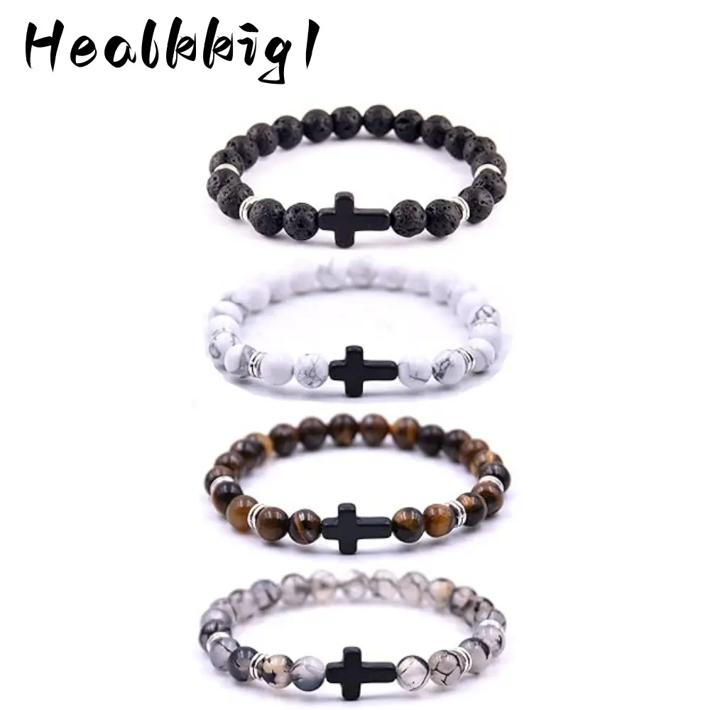 4pcs 8mm Stretch Cross Beads Jewelry Bracelet for Men and Women