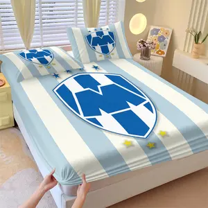 Rayados de Monterrey Logo Fitted Sheet Set & 2 Pillowcases No Inner Core, Blue White Striped Base Color with Shield-Shaped Badge, Golden Stars, Soft Touch, Wrinkle Resistant, Football Fans, Teens Bedroom Decor