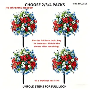 Patriotic Artificial Flowers, Red White Blue Outdoor Fake Flowers, UV Resistant Non-Fading, Perfect for 4th of July, Independence Day, Porch & Yard Decor, Decorative Artificial Flowers, Floral Decoration (2/3/4 Packs), Artificial Flower Set