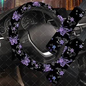 3Pcs/Set Purple Butterfly Car Interior Set, Elegant Style, Includes Steering Wheel Cover, Car Seat Belt Cover, No Inner Ring, Vehicle Interior Upgrade, Durable Material, Multi-Part Set, For Women, Car Enthusiasts, Gift For Drivers.11.27QWA-1059@1060