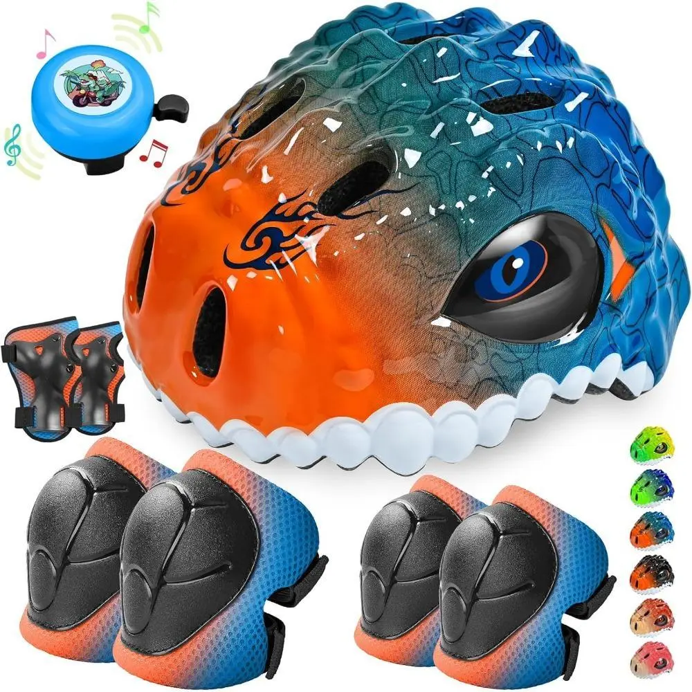 Kids 3D Dinosaur 7-in-1 Lightweight Adjustable Bicycle Helmet & Pads Set - ASTM 1447 Protective Equipment, Outdoor Sports Gear, EVA Impact Cushion, Animal Appearance, Removable Padding, Secure Safety Gear for Toddlers’ Cycling, Skateboarding