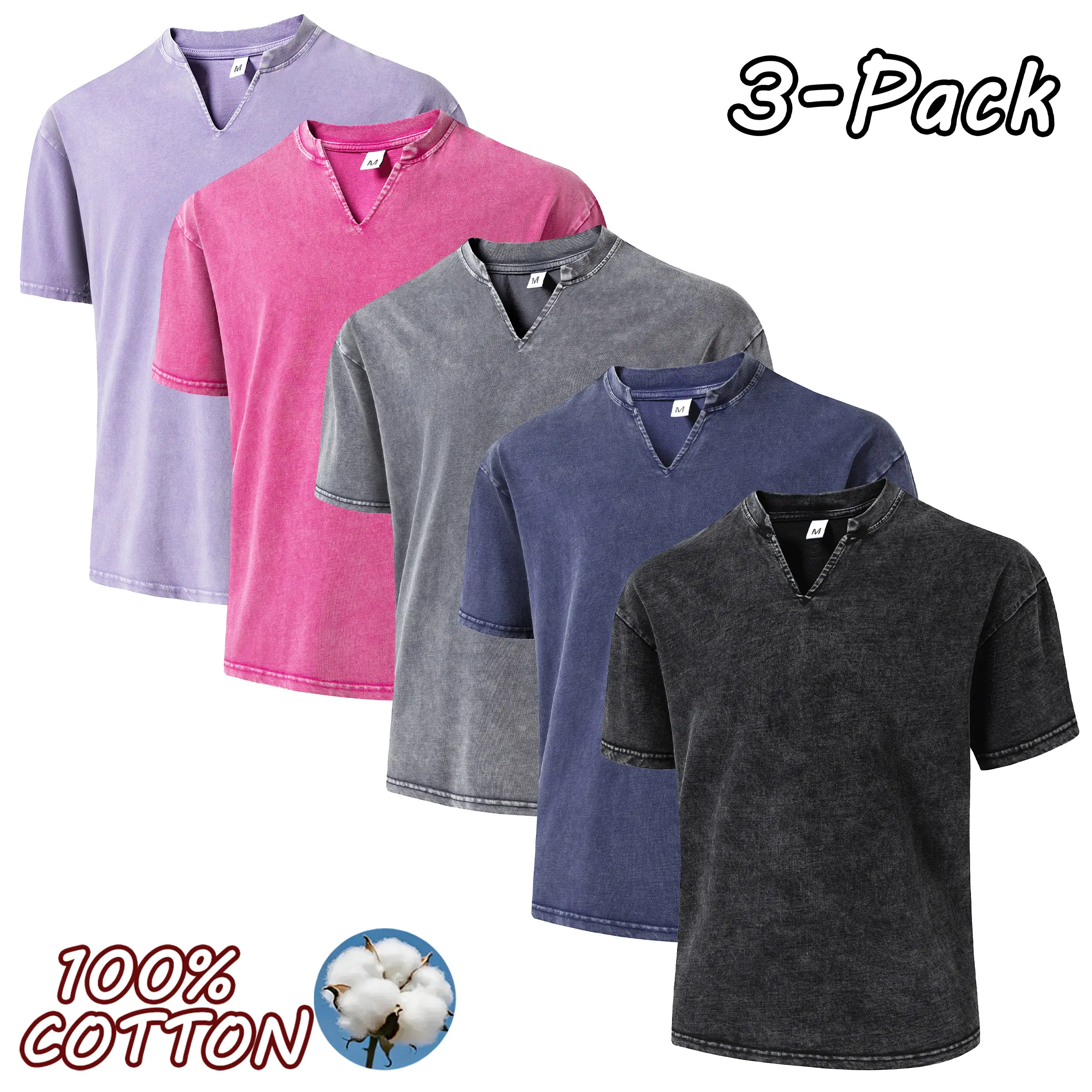 3-pack summer men’s 100% pure cotton retro distressed couple-style washed small V-neck T-shirts, everyday casual fashion, versatile new solid-color minimalist short-sleeve unisex tops suitable for outdoor sports, daily wear, and street outings