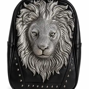 Silver Lion Gothic 3D Studded Punk Backpack - Functional Travel Bag for Travel, 3D Backpacks Luggage SKU:3049