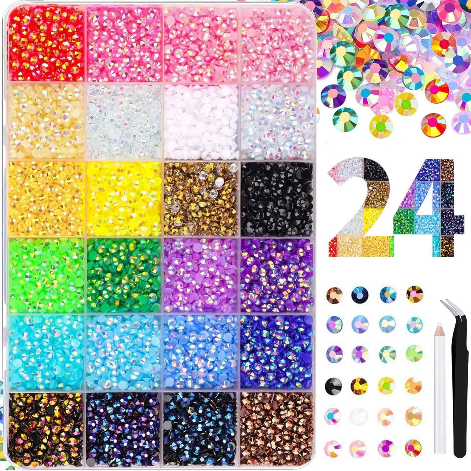 10000Pcs Resin Rhinestones for Crafting with Tweezers, Mixed-Color 3mm Non Hotfix Flatback Gems, Bedazzling Crystal for DIY Crafts Clothing Tumblers Mugs Shoes Fabric Decor Nail Art Makeup, Nail Art Accessories, Nail Decoration Supplies