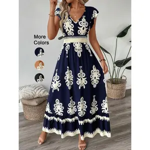 Women's fully printed V-neck A-line dress, an elegant and fashionable dress suitable for daily outdoor wear, summer women's bohemian chic casual dress