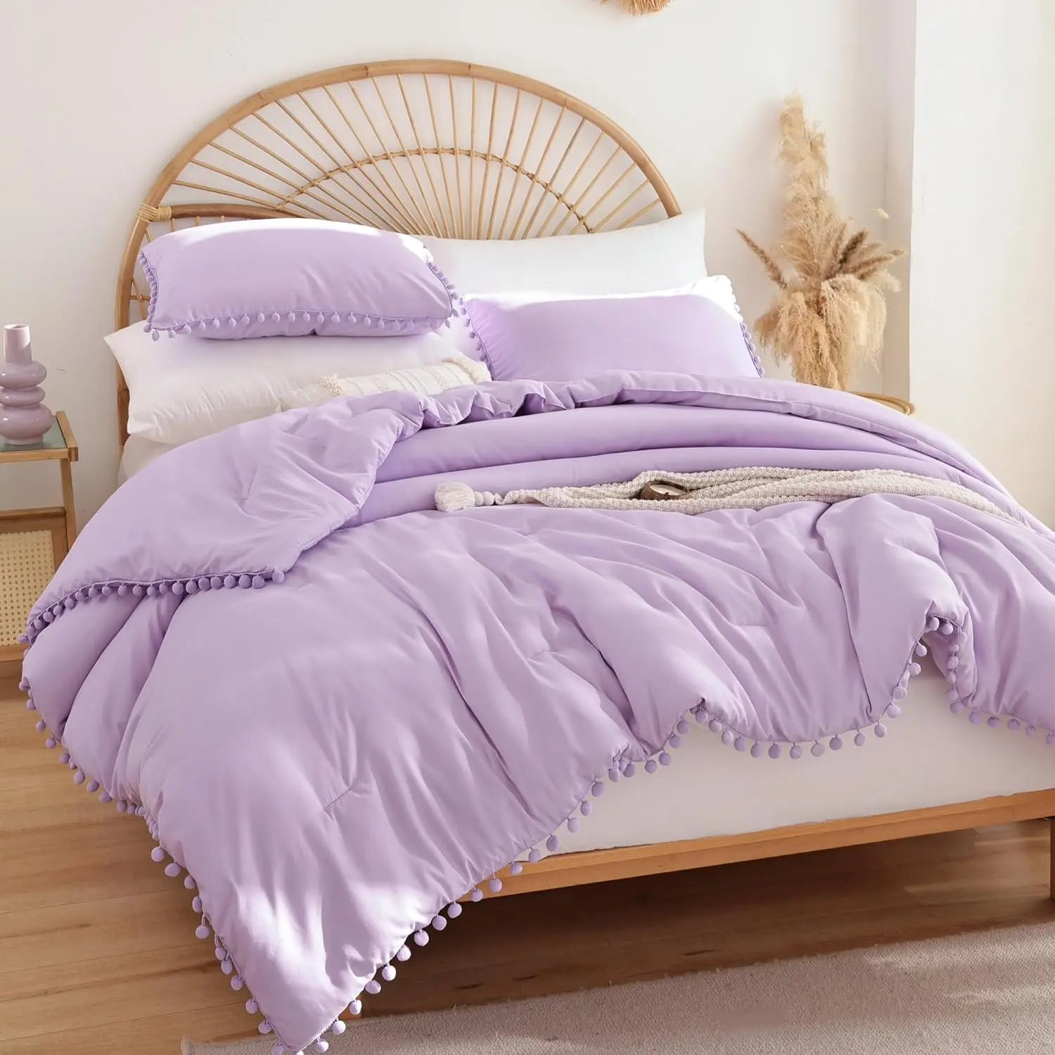 Twin Comforter - Comforter Twin Size with Ball Pom Fringe, for Seasons - 2, 1 Comforter (66"x90")  1 Pillow Sham(20"x26"), Lavender Purple