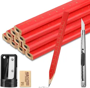 10 Pcs 7-Inch Flat Octagonal Hard Black Carpenter Pencils, Medium Point Sharpening Pencils with Sharpener, Utility Knife & Eraser for Contractor Carpentry Woodworking Construction Project Kits, Medium Point Pencils