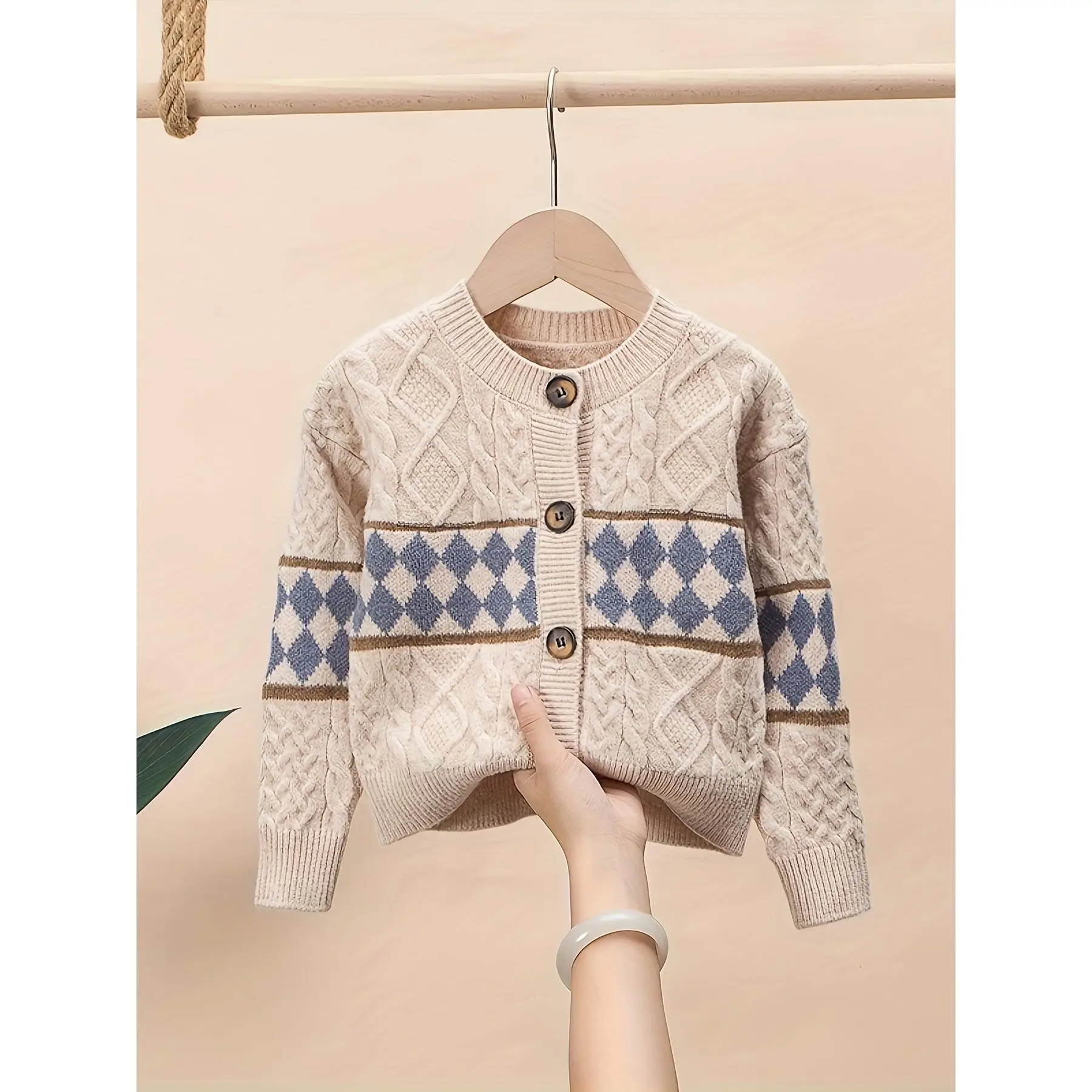 Unisex College-Style Diamond Knit Sweater Cardigan for Boys and Girls