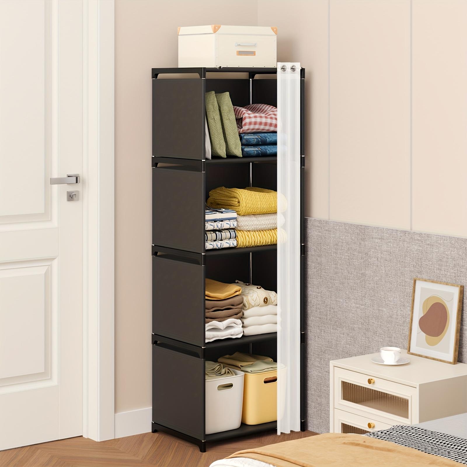TOMNK Black/White Simple Wardrobe with Four-tier, 15.4*10.9*48.9 Inches, Closet Orqanizers And Storange, Easy-to-assemble Bookshelf, Large Capacity Wardrobe Closet, Free Standing Closet, for Bedroom Living Room Entrance Hall And Kitchen