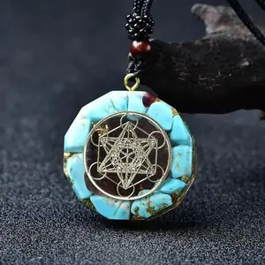 Healing Crystal Orgonite Pendant Necklace, Blue Turquoise Chakra Energy Protection Jewelry for Men & Women, Geometric Spiritual Amulet Necklace, Meditation, Yoga, Reiki, Mindfulness & Daily Wear Gift
