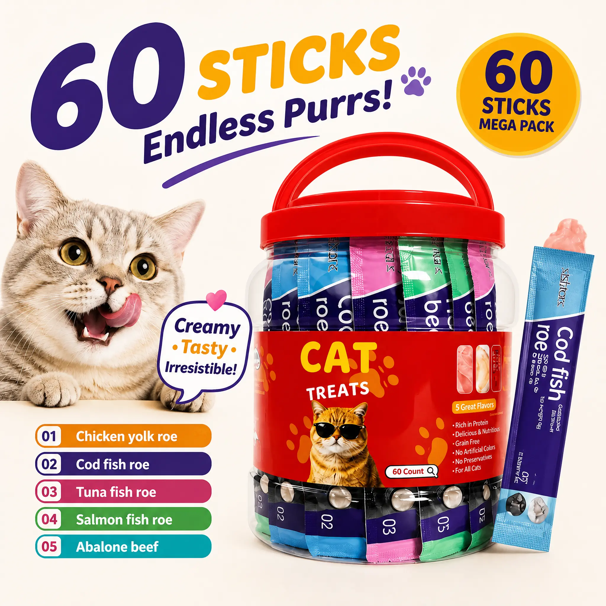 Mewno Grain-Free High Protein Cat Treat Chews (60 Count, 0.52 oz Each) - Squeezable Creamy Puree Variety Pack with Chicken, Salmon, Cod, Abalone, Tuna for Easy Licking by All-Age Cats