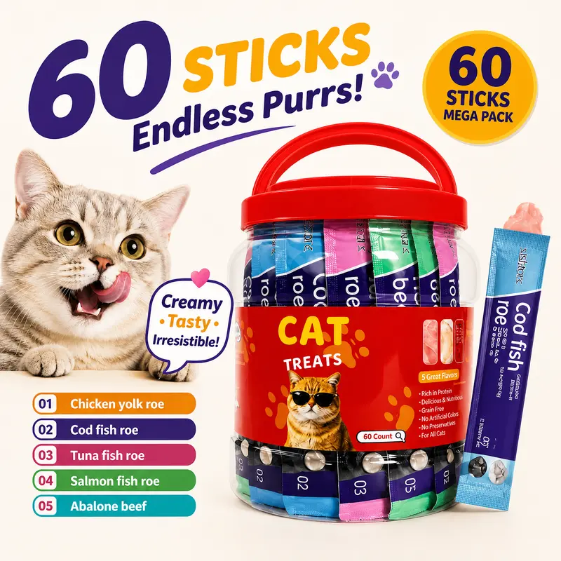 Mewno Grain-Free High-Protein Cat Treat Chews, 60-Count Multi-Pack - 0.52 oz Each, 24-Month Shelf Life, Squeezable Creamy Puree Wet Food with Chicken, Salmon, Cod, Abalone, Tuna, Beef, Universal for All-Age Cats, Easy Licking