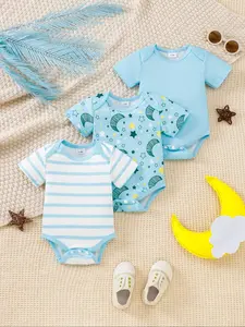 3 Piece Baby Boys Short Sleeve One-Piece Jumpsuits, Simple Fun Style, Cartoon Print, Striped, Solid Color, Button Closure, All Seasons