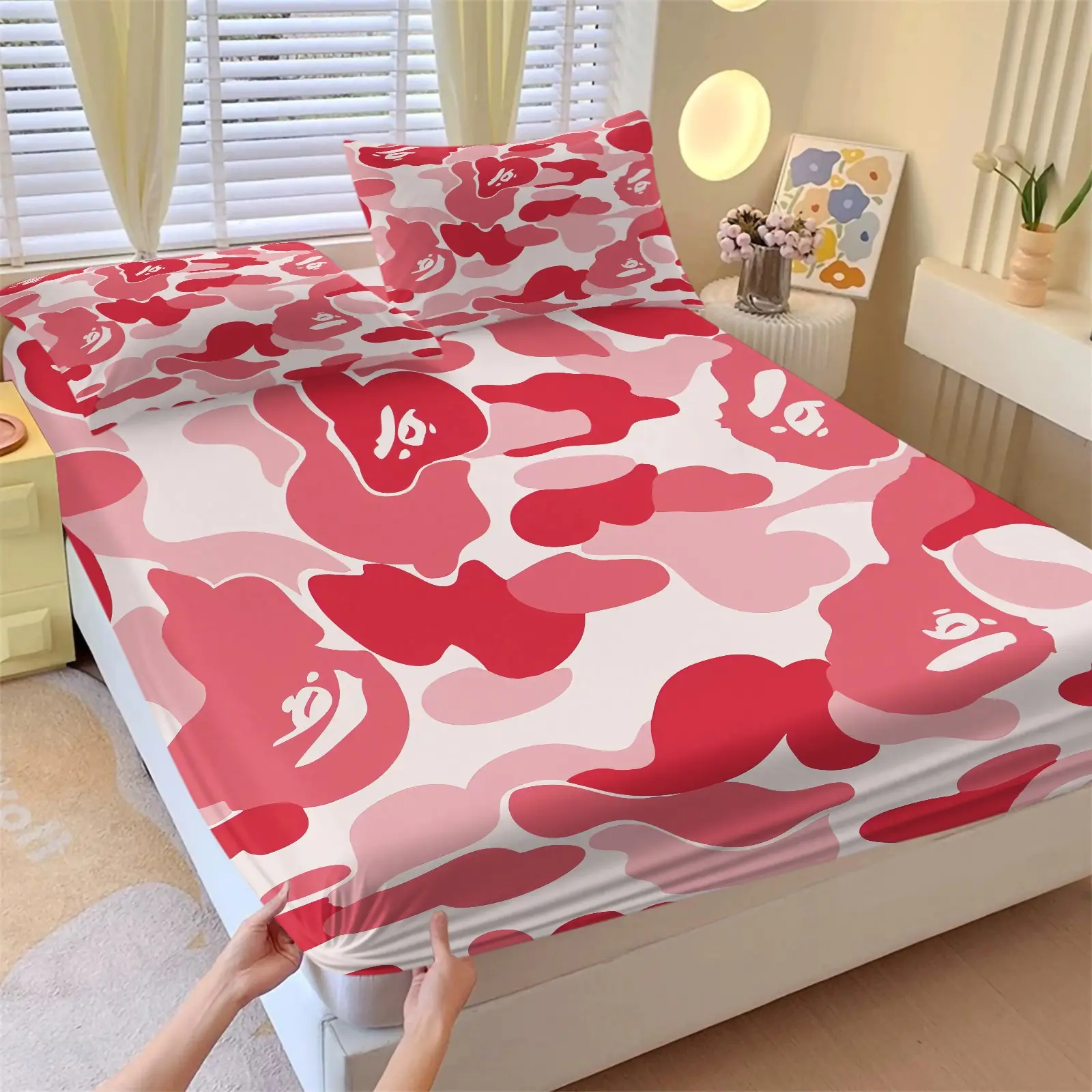 Pink Gradient Camouflage Print Silky Fitted Sheet Set, Bedding Sheets, Soft Comfy Bedding, 1 Fitted Sheet + 2 Pillowcases - Soft Breathable Deep Pocket Bedding, APE Streetwear Hypebeast Style, Gift for Camouflage Lovers & Streetwear Hypebeast Fans