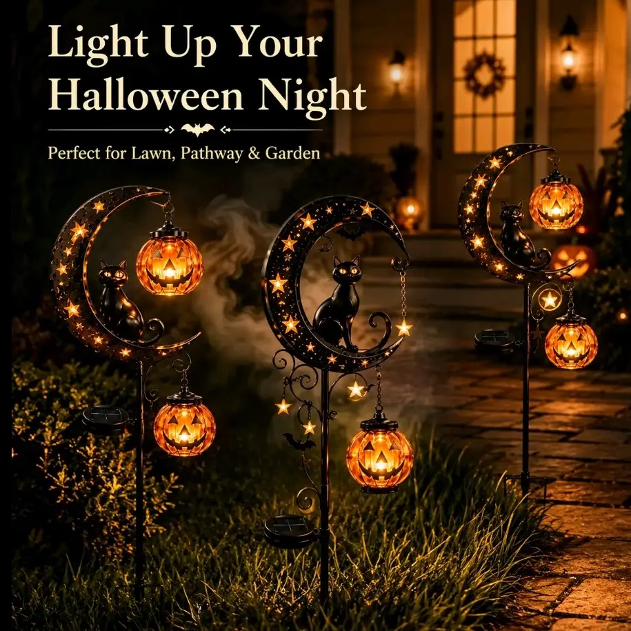 Halloween Black Cat Pumpkin Patch Lights Set - Moon-Shaped, Cartoon-Style DIY Craft Decorations with Magnetic Desk Goose Outfit & Glass Lantern for Holiday Parties, Festive Gifts