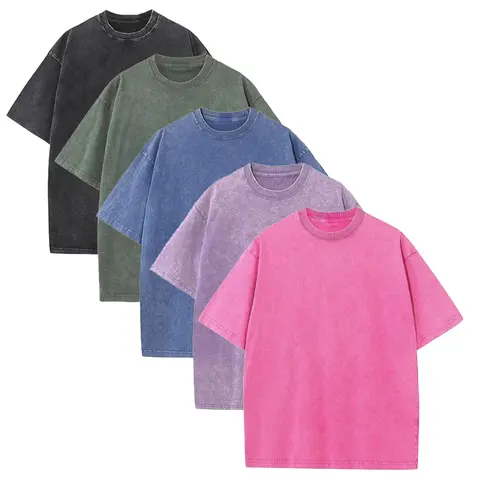 Men's 5 PCS Cotton T-Shirts - Oversized Short-Sleeve Round Neck, Loose Athletic Street Fit, Solid Retro Chic Cute Acid Washed Foldable All-Season Unisex Streetwear Tops