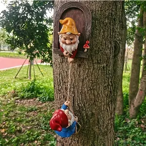 2-Piece Set Fantasy Dwarf Climbing Tree Statues, Garden Gnomes, Outdoor Garden Ornament Wall Decor, Resin Material, Perfect Mother's Day & Christmas Gift