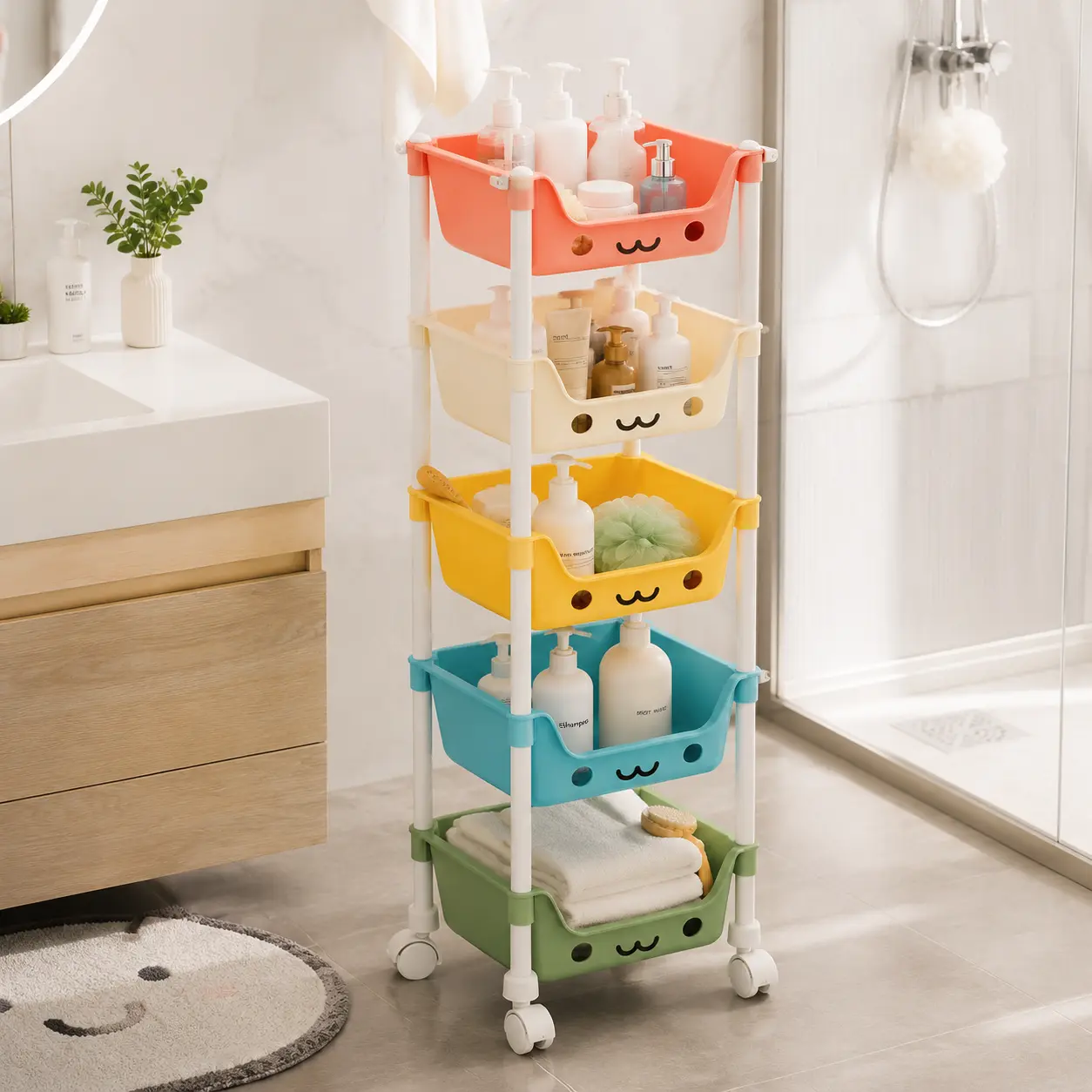 5-Tier Playful Design Rectangle Rolling Storage Cart - 110cm Adjustable Home Organizer with Rolling Wheels, Industrial Handle, Space-Saving Bathroom Organizer Shelf for Bedroom Everyday Use, Decor Organizer